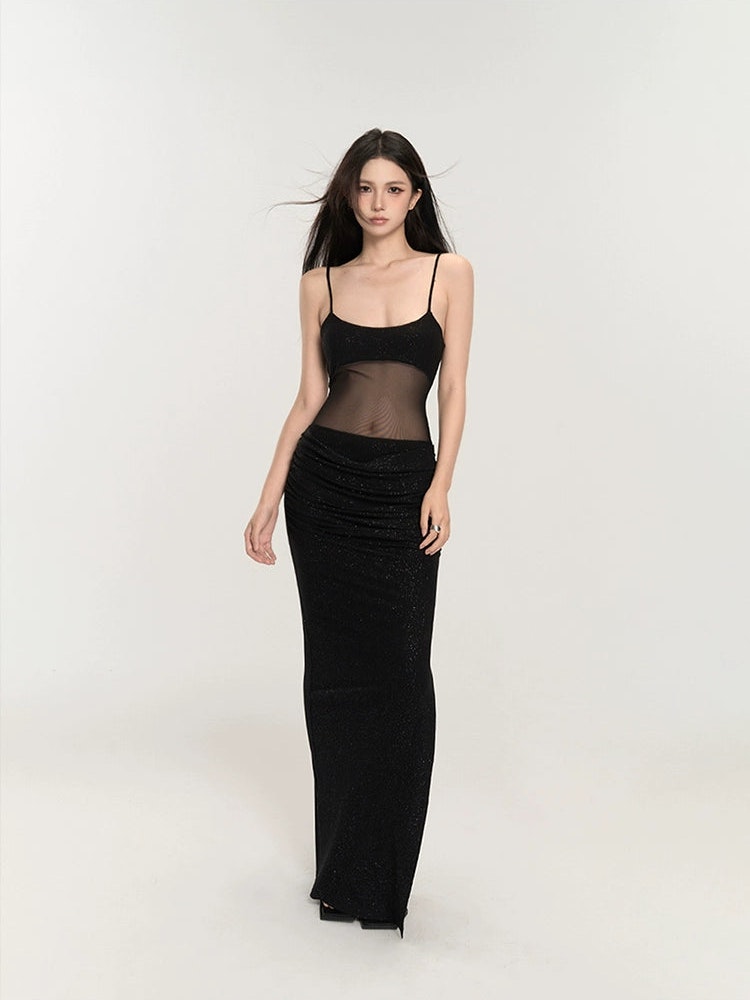 Black Mesh Glitter Maxi Dress