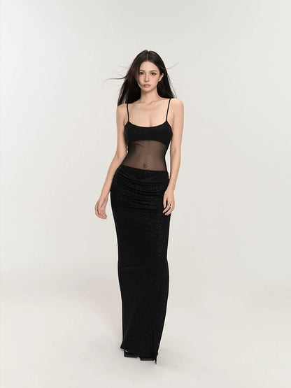 Black Mesh Glitter Maxi Dress