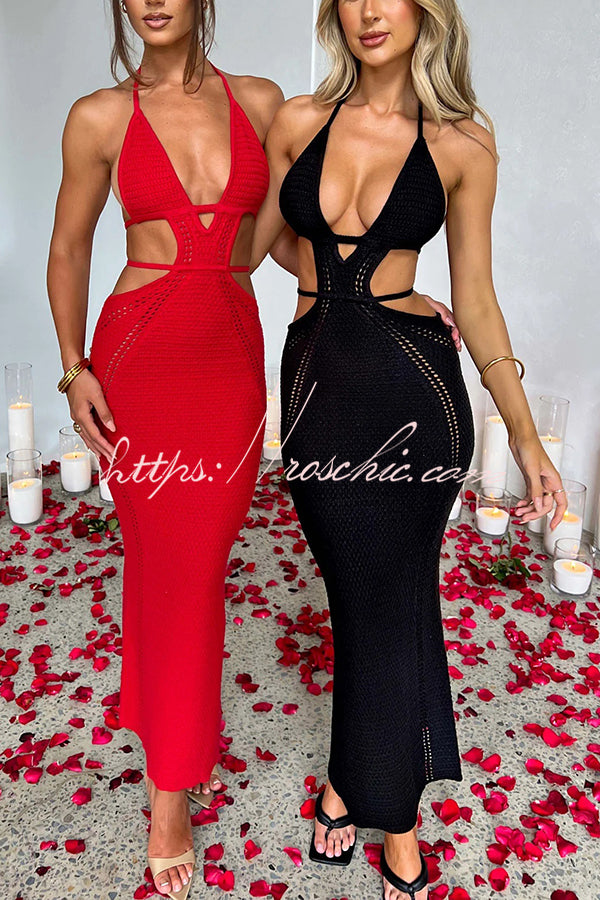 Effortlessly Cool and Knit Crochet Cutout Halter Tie-up Stretch Maxi Dress