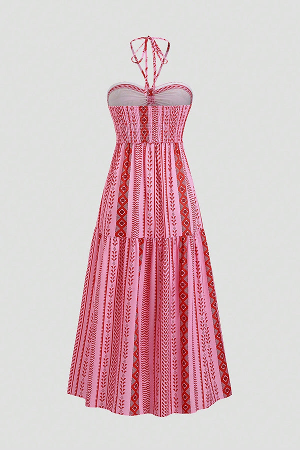 Holiday Style Unique Print Halter Neck Tie Slit Midi Dress