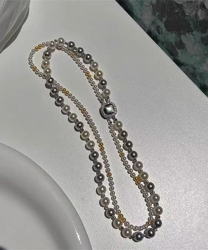 Colorblock Sterling Silver Zircon Double Layer Pearl Square Gratuated Bead Necklace