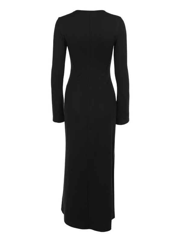 Long Sleeves Loose Asymmetric Color Split-joint Split-side Round-neck Maxi Dresses