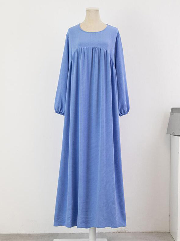 Long Sleeves Loose Pleated Color Split-joint Round-neck Maxi Dresses