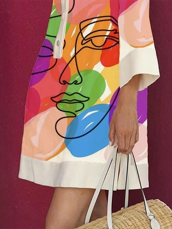 Loose Three-quarter Sleeves Buttoned Contrast Color Figure Printed Lapel Collar Mini Dresses