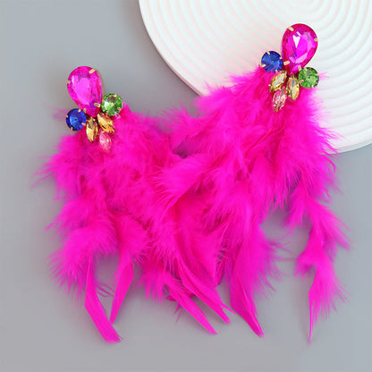 Alloy Inlaid Tassel Long Feather Earrings