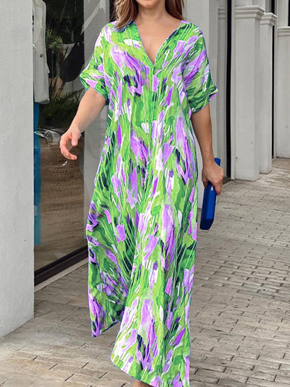 Loose Short Sleeves Multi-colored Printed V-neck Maxi Dresses