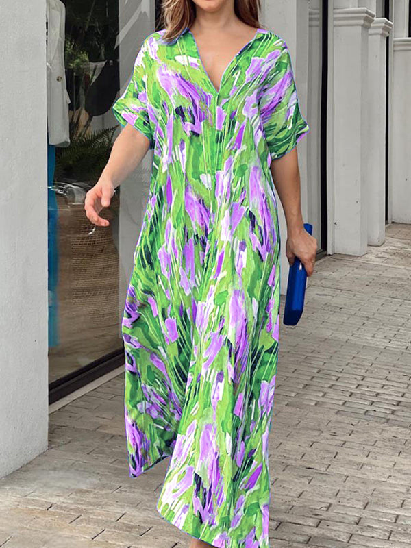 Loose Short Sleeves Multi-colored Printed V-neck Maxi Dresses