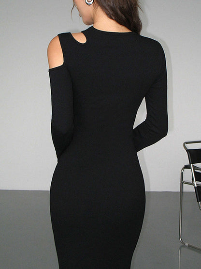 Long Sleeves Skinny Hollow Color Cold Shoulder Maxi Dresses