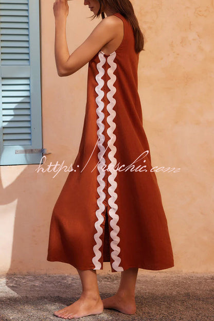 Vacation Villa Side Ric Rac Wave Trim Slit Loose Maxi Dress