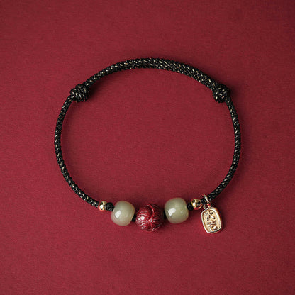 Buddha Stones 14k Gold Plated Hetian Jade Cinnabar Lotus Luck Handcrafted Rope Bracelet