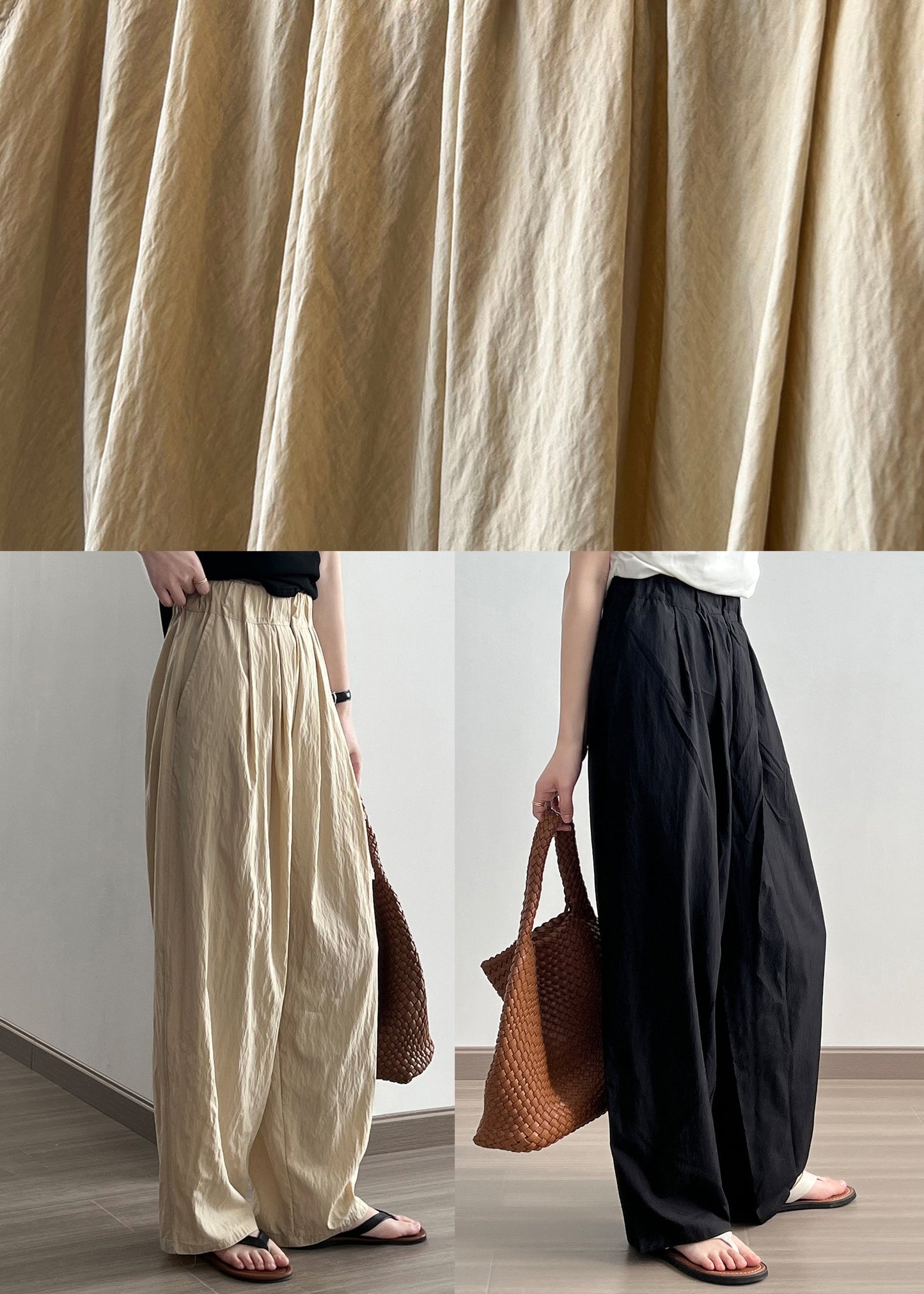 Black Pockets Cotton Wide Leg Pants Elastic Waist Wrinkled Fall Af1079
