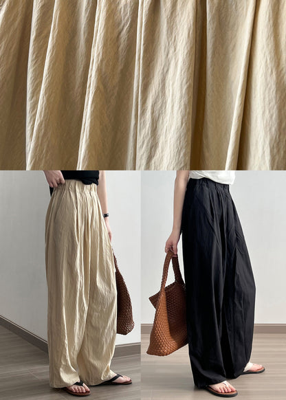 Black Pockets Cotton Wide Leg Pants Elastic Waist Wrinkled Fall Af1079