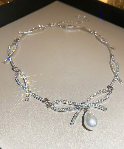 Silk Alloy Zircon Bow Pearl Pendant Necklace