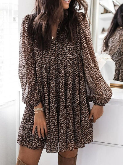 Long Sleeves Loose Buttoned Leopard Pleated V-neck Mini Dresses