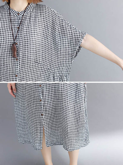 Artistic Retro Loose Split-joint Plaid Buttoned Stand Collar Half Sleeves Midi Dress