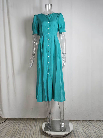 High Waisted Loose Buttoned Round-neck Midi Dresses