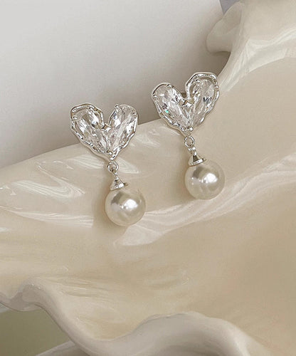White Copper Overgild Pearl Love Drop Earrings