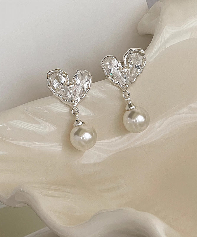 White Copper Overgild Pearl Love Drop Earrings