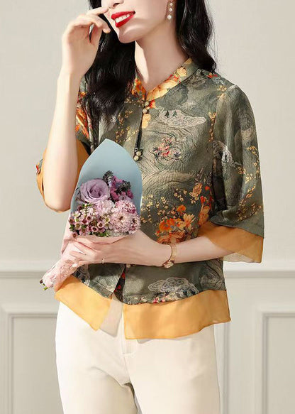 Green Stand Collar Print Silk Tops Bracelet Sleeve