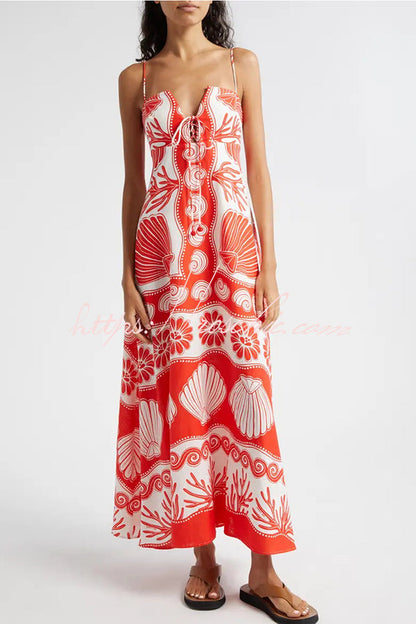 Shell Unique Print Front Lace-up Loose Maxi Dress