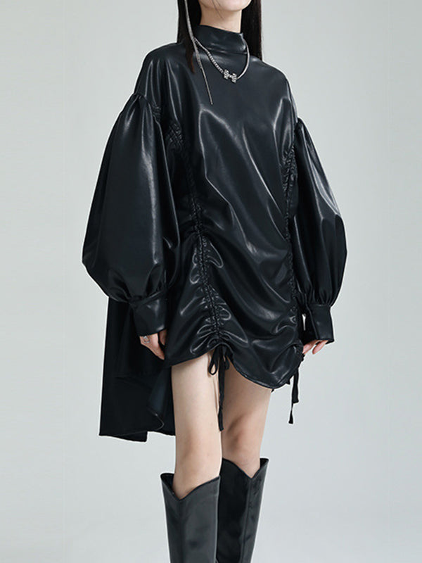 High-low Long Sleeves Drawstring Pleated Color Stand Collar Mini Dresses