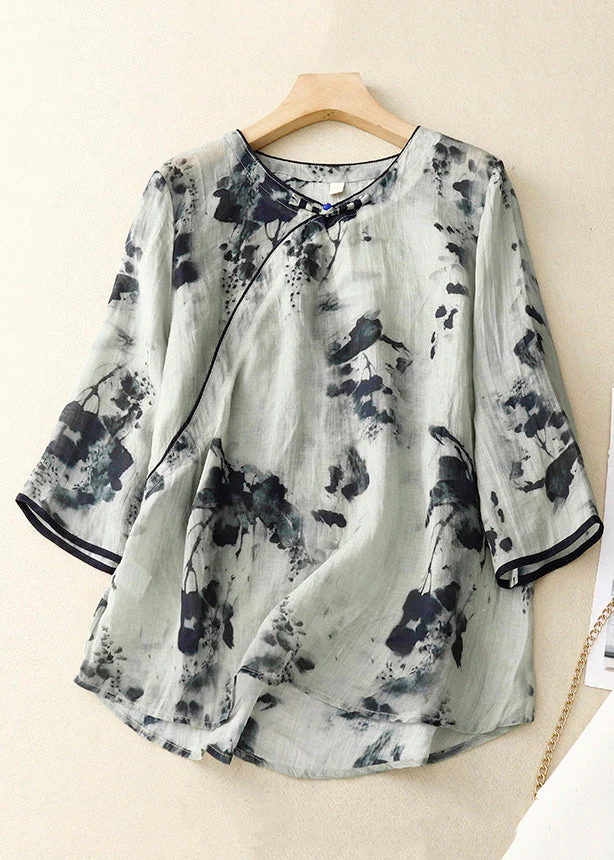 Grey Button Grace Cotton Blouses O Neck Bracelet Sleeve Qr026