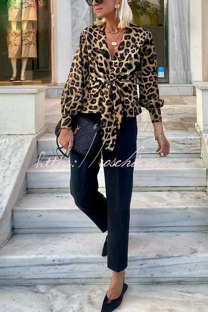 Janae Leopard Print Front Tie-up Lantern Sleeve Blouse