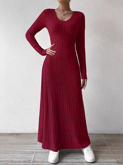 Long Sleeves Skinny Color V-neck Maxi Dresses Sweater Dresses