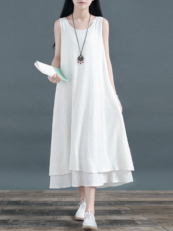 A-line Loose Double Layered Color Tied Waist Round-neck Midi Dresses
