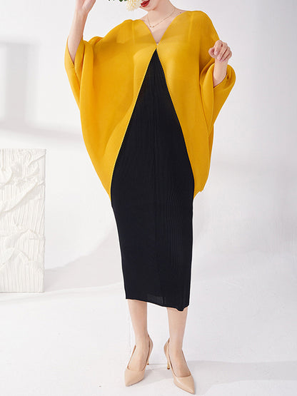 Batwing Sleeves Loose Contrast Color Pleated Round-neck Midi Dresses