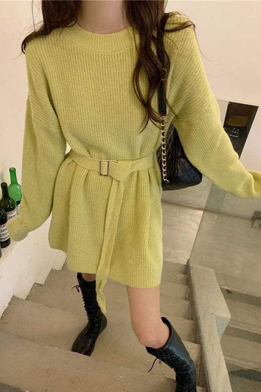French Style Tie-waist Knit Mini Dress