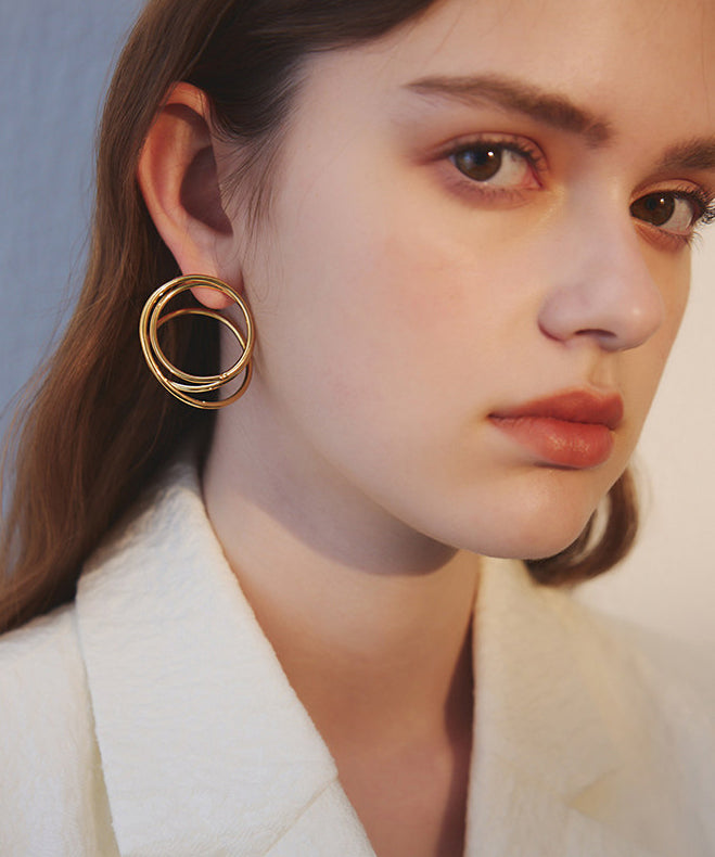 Golden Rotundity Asymmetrical Design Metal Stud Earrings