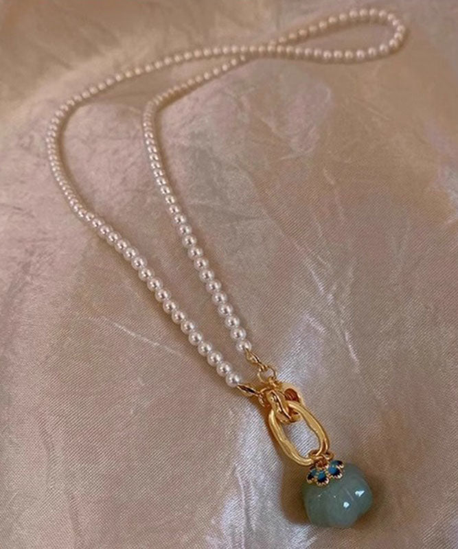 New White Sterling Silver Overgild Jade Pearl Pendant Necklace