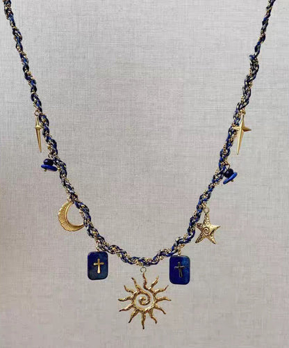 Handmade Blue Alloy Weave Lapis Lazuli Sun Pendant Necklace Two-piece Set
