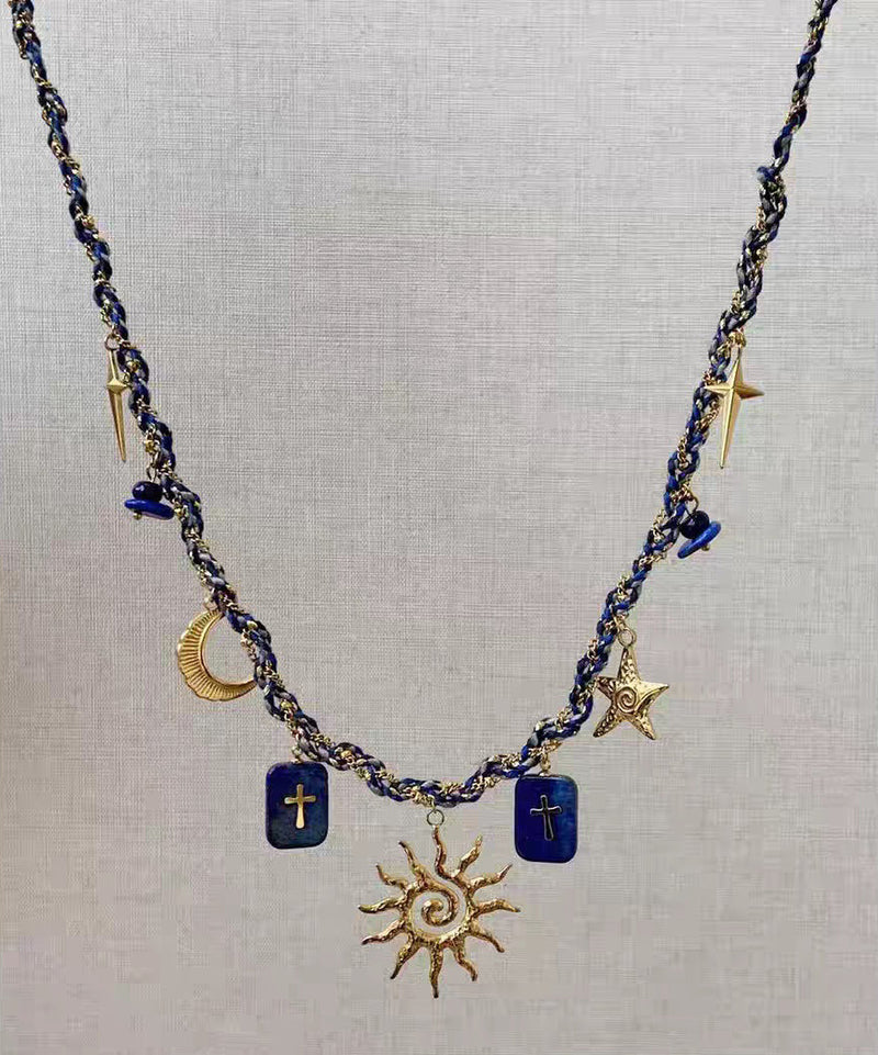 Handmade Blue Alloy Weave Lapis Lazuli Sun Pendant Necklace Two-piece Set