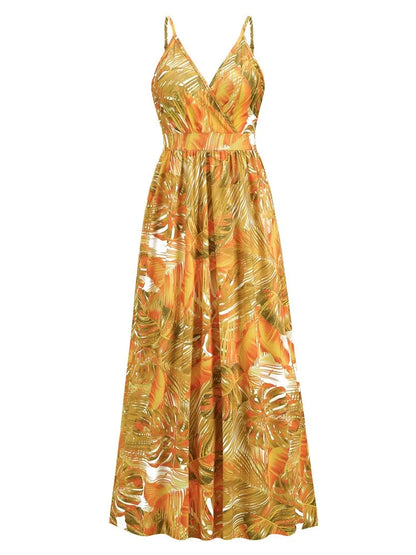 Style Print Spaghetti Strap Dresses V-neck Backless Beach Vacation Long Dress Female Vestido Summer New