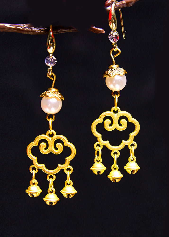 Art Small Bell Auspicious Clouds 14k Gold Pearl Drop Earrings