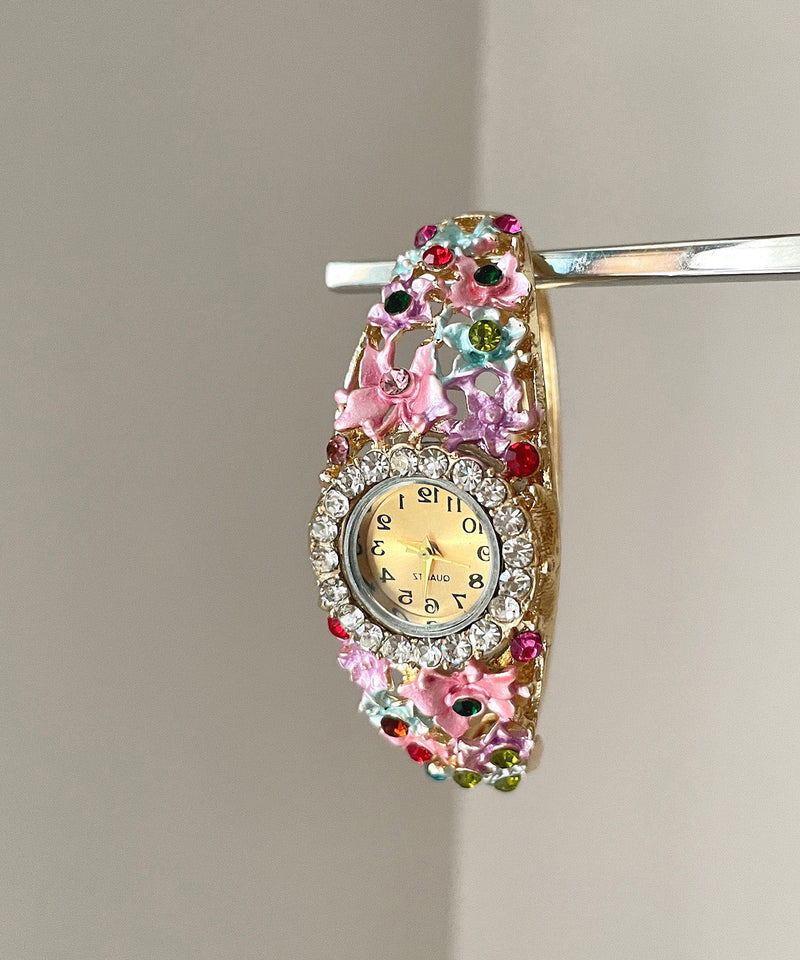 Gold Pink Alloy Zircon Cloisonne Watches