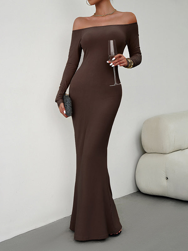 Bodycon Long Sleeves See-through Color Off-the-shoulder Maxi Dresses