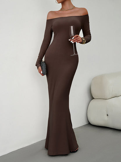 Bodycon Long Sleeves See-through Color Off-the-shoulder Maxi Dresses