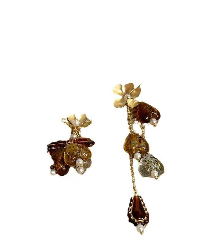 Brown Copper Overgild Zircon Asymmetrical Tassel Drop Earrings