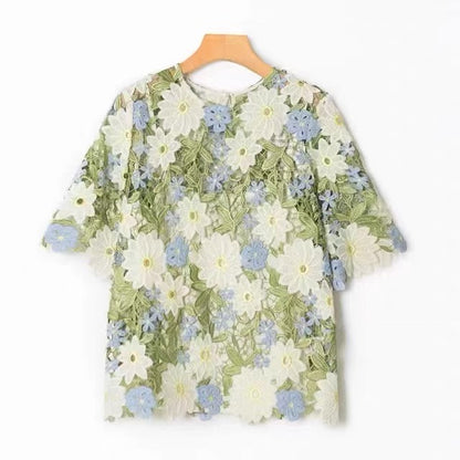 Boutique Green O-neck Hollow Out Embroidery Short Sleeve Blouse