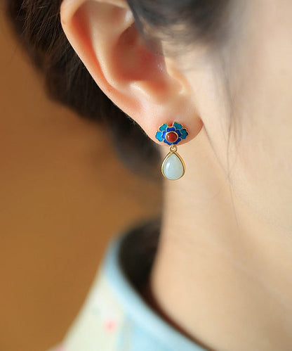 Blue Sterling Silver Jade Jadeite Stud Earrings