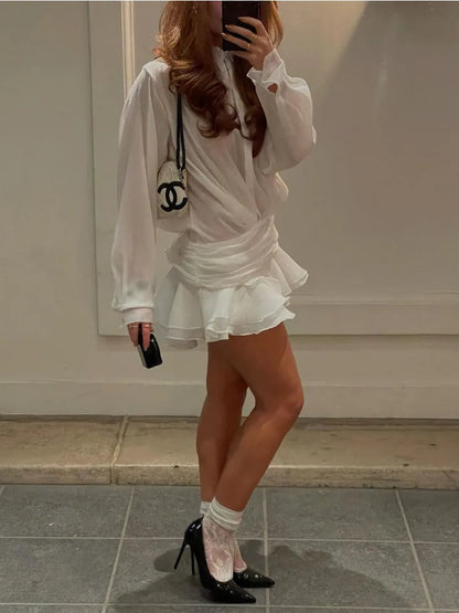 White Ruffled Mini Dress for Cardigan Patchwork See-through Long Sleeve Night Club Party Dress ’s
