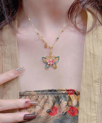 Chinese Style Sterling Silver Overgild Enameling Butterfly Pendant Necklace