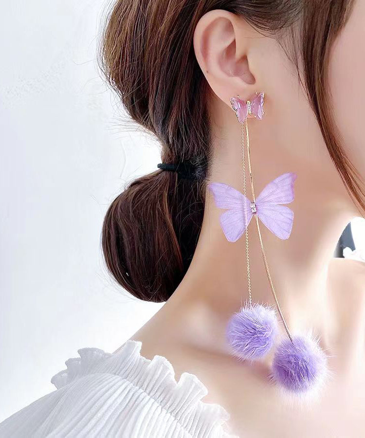 Purple Overgild Crystal Mink Hair Butterfly Tassel Drop Earrings