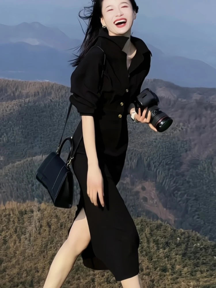 New Spring Summer Midi Dress Short Sleeve Office Lady Vestidos Split Korean Clothing