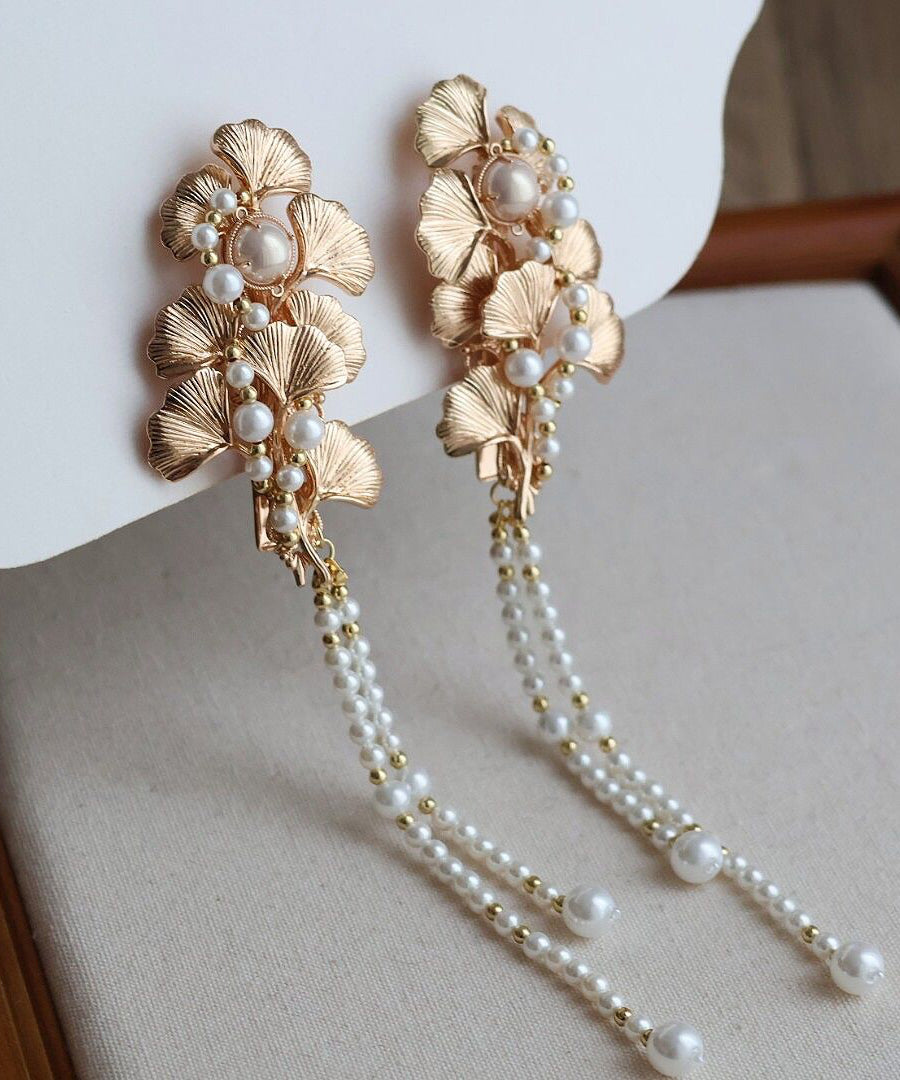 Classy Yellow Alloy Pearl Ginkgo Leaf Tassel a Pair Hairpin