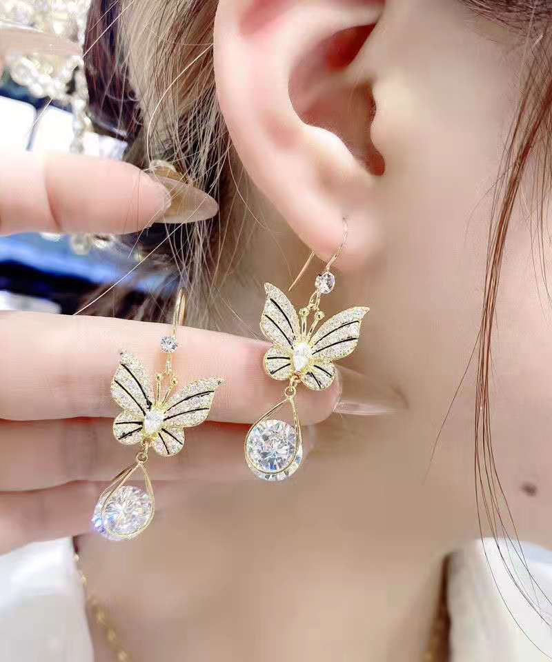 Gold Alloy Zircon Crystal Butterfly Water Drop Drop Earrings