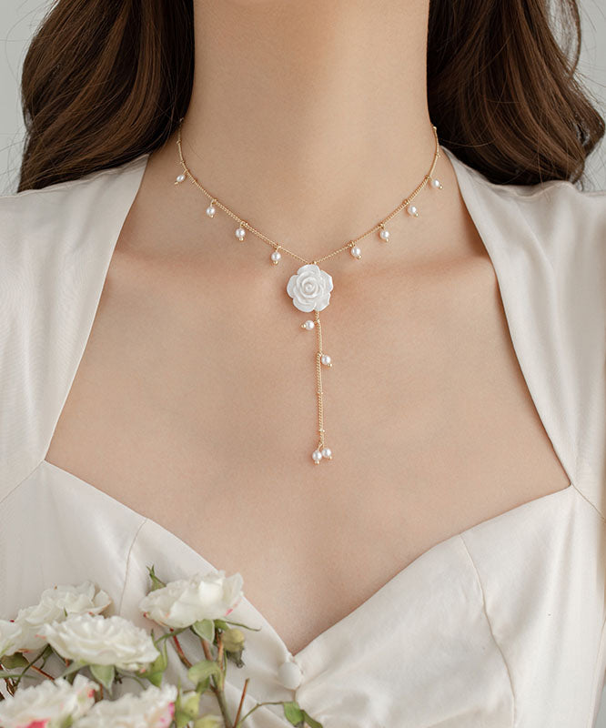 Gold Alloy Pearl Tassel Lariat Necklace